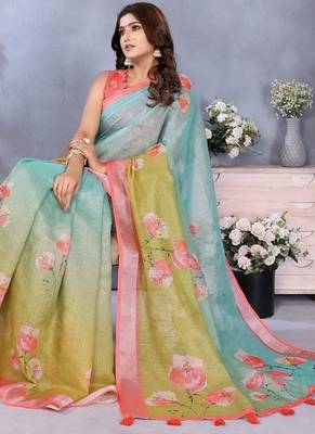 sky blue colour Elegant printed ready to wear linen shimmer saree with designer blouse 2