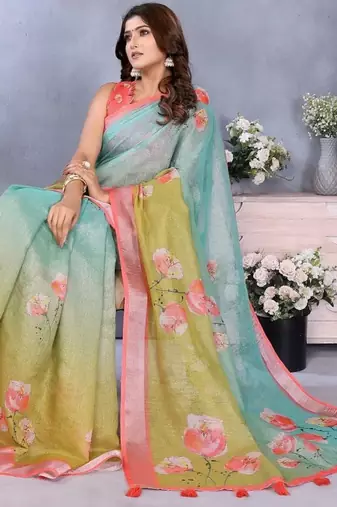 sky blue colour Elegant printed ready to wear linen shimmer saree with designer blouse