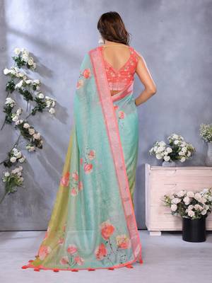 sky blue colour Elegant printed ready to wear linen shimmer saree with designer blouse 3