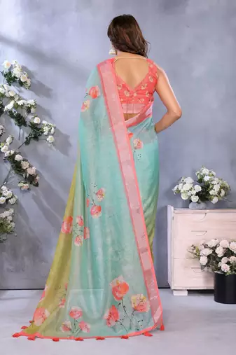 sky blue colour Elegant printed ready to wear linen shimmer saree with designer blouse