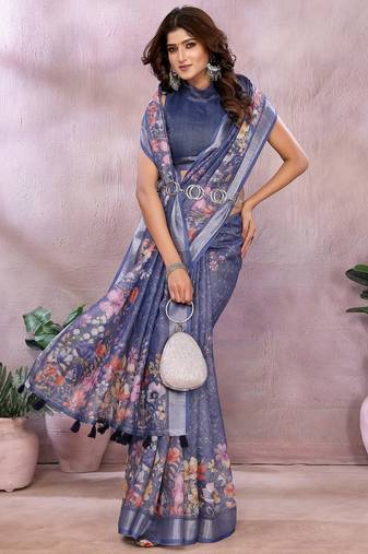 Elegant printed ready to wear linen shimmer saree with designer blouse