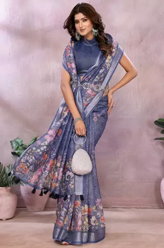 Elegant printed ready to wear linen shimmer saree with designer blouse