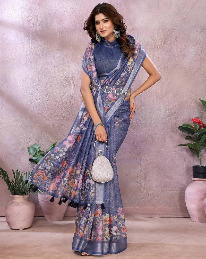 Elegant printed ready to wear linen shimmer saree with designer blouse