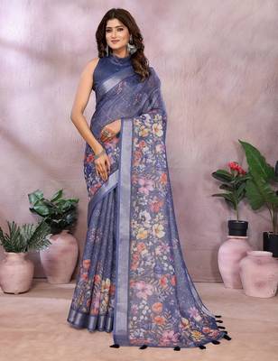 Elegant printed ready to wear linen shimmer saree with designer blouse 2