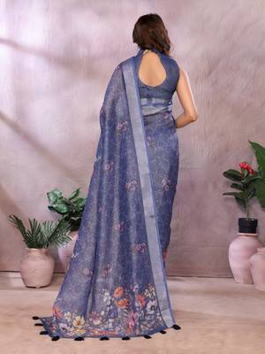 Elegant printed ready to wear linen shimmer saree with designer blouse 3