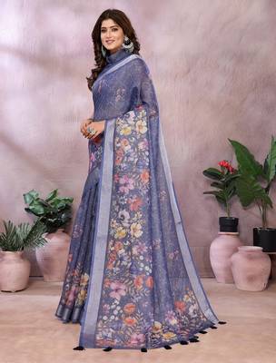 Elegant printed ready to wear linen shimmer saree with designer blouse 4