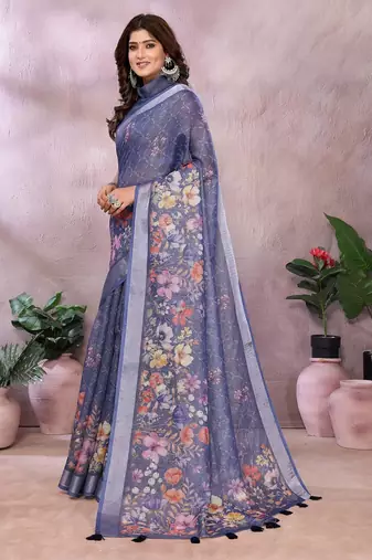 Elegant printed ready to wear linen shimmer saree with designer blouse
