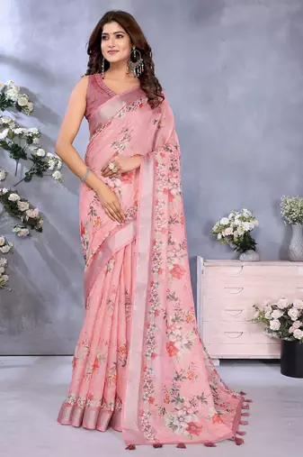 pink colour Elegant printed ready to wear linen shimmer saree with designer blouse