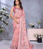pink colour Elegant printed ready to wear linen shimmer saree with designer blouse