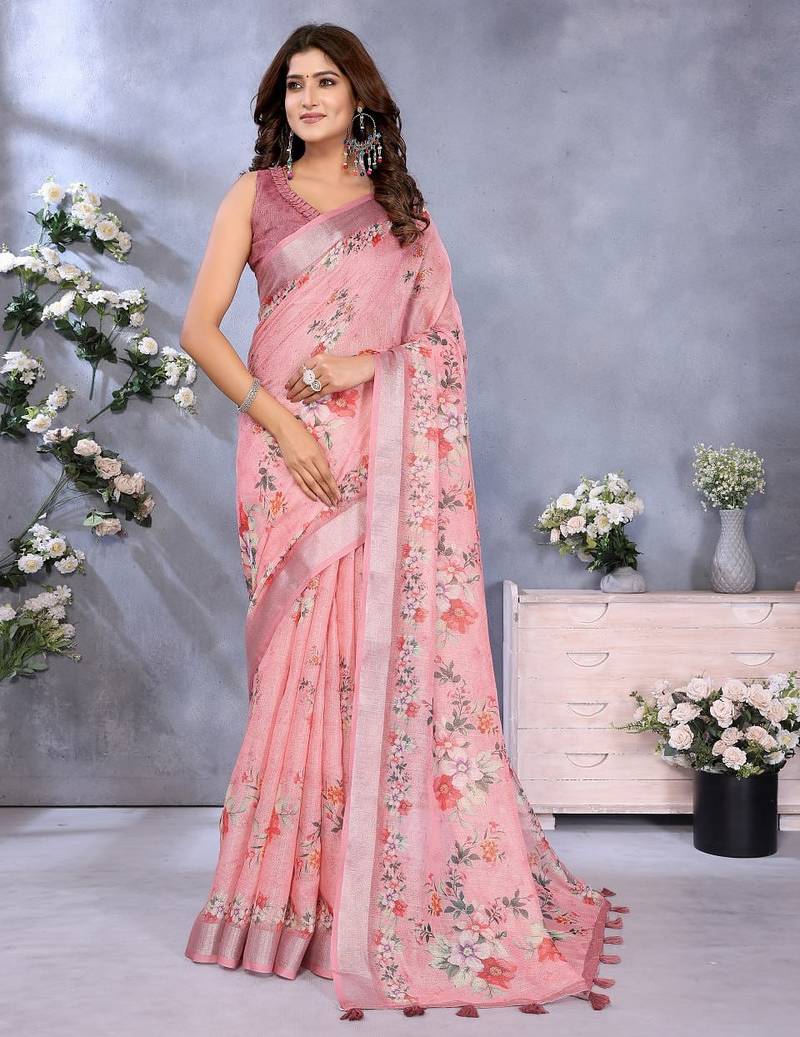 pink colour Elegant printed ready to wear linen shimmer saree with designer blouse