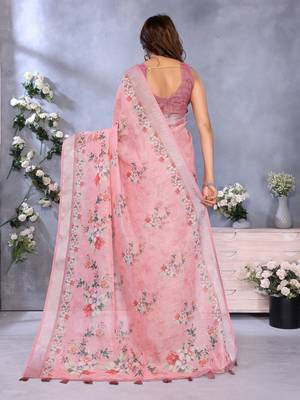 pink colour Elegant printed ready to wear linen shimmer saree with designer blouse 2