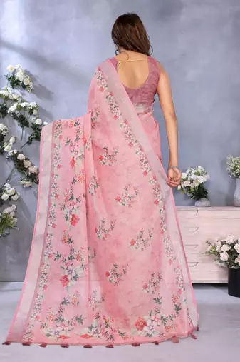 pink colour Elegant printed ready to wear linen shimmer saree with designer blouse