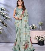 green colour Elegant printed ready to wear linen shimmer saree with designer blouse