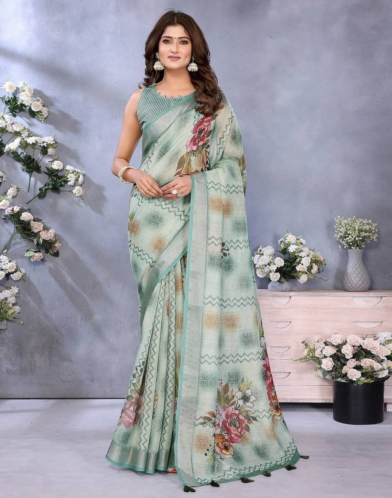 green colour Elegant printed ready to wear linen shimmer saree with designer blouse