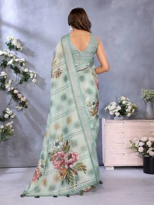 green colour Elegant printed ready to wear linen shimmer saree with designer blouse 2