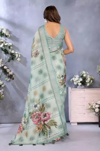 green colour Elegant printed ready to wear linen shimmer saree with designer blouse