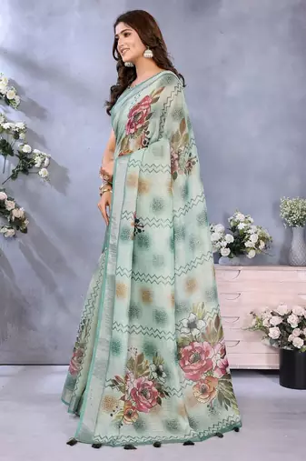green colour Elegant printed ready to wear linen shimmer saree with designer blouse
