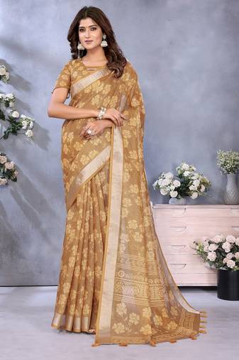 beige colour Elegant printed ready to wear linen shimmer saree with designer blouse