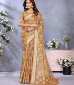 beige colour Elegant printed ready to wear linen shimmer saree with designer blouse
