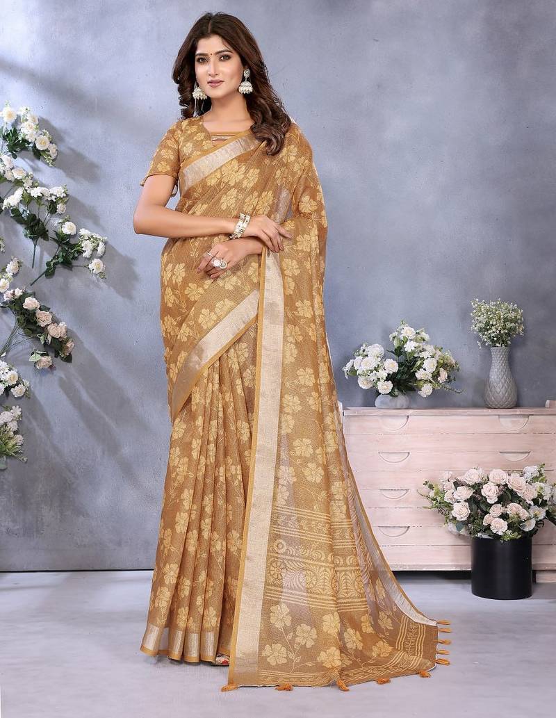 beige colour Elegant printed ready to wear linen shimmer saree with designer blouse