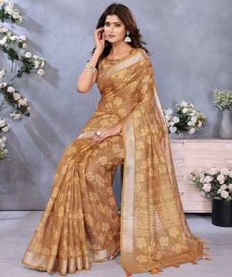 beige colour Elegant printed ready to wear linen shimmer saree with designer blouse 3