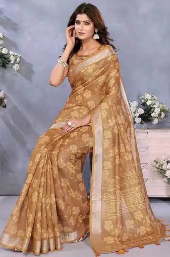 beige colour Elegant printed ready to wear linen shimmer saree with designer blouse