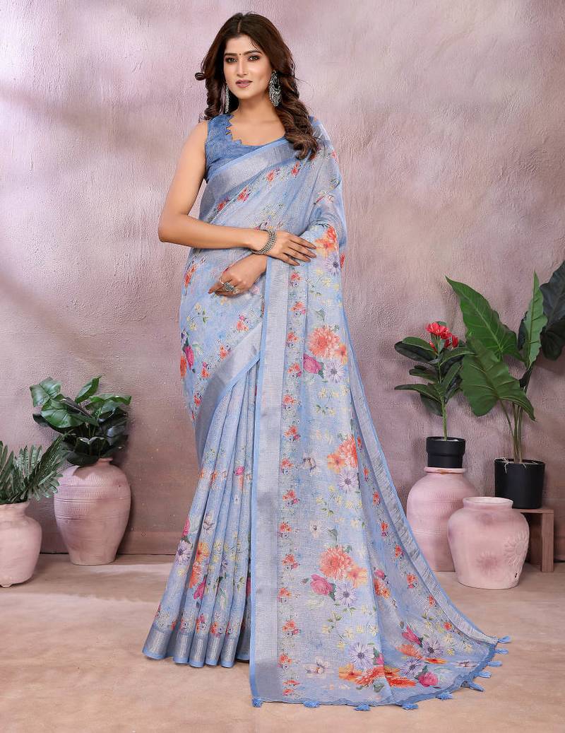 sky blue colur Elegant printed ready to wear linen shimmer saree with designer blouse