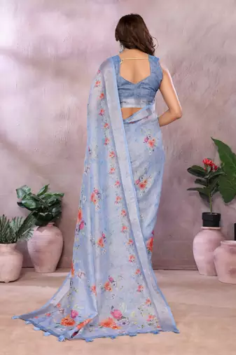 sky blue colur Elegant printed ready to wear linen shimmer saree with designer blouse