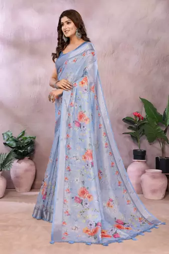 sky blue colur Elegant printed ready to wear linen shimmer saree with designer blouse