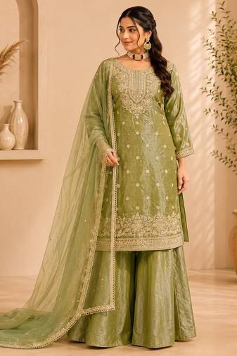 Sage green fandy silk embroidered palazzo suit set