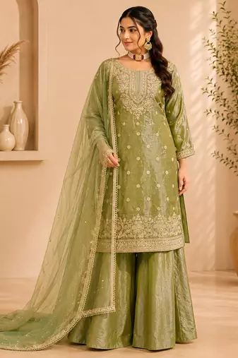 Sage green fandy silk embroidered palazzo suit set