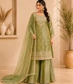 Sage green colour fandy silk embroidered palazzo suit set