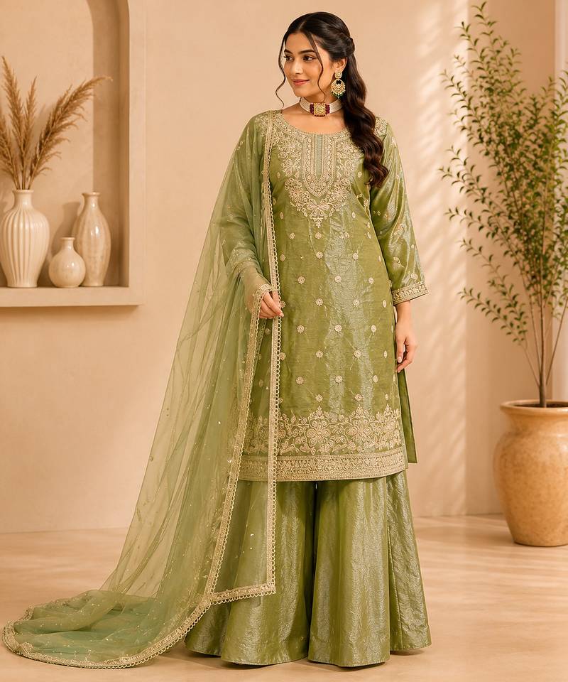 Sage green colour fandy silk embroidered palazzo suit set