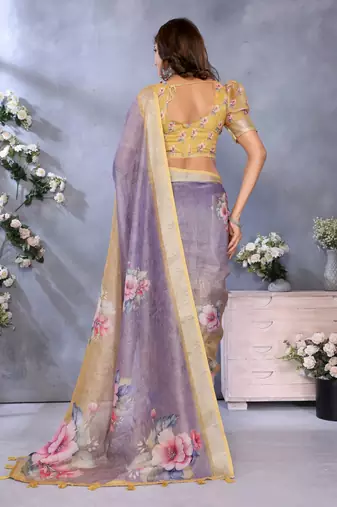 lavender colour Elegant printed ready to wear linen shimmer saree with designer blouse