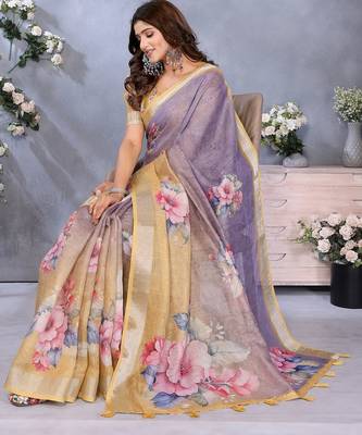 lavender colour Elegant printed ready to wear linen shimmer saree with designer blouse 3