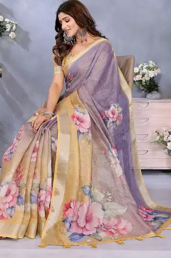 lavender colour Elegant printed ready to wear linen shimmer saree with designer blouse