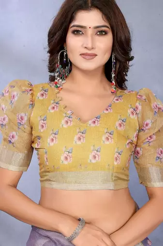 lavender colour Elegant printed ready to wear linen shimmer saree with designer blouse