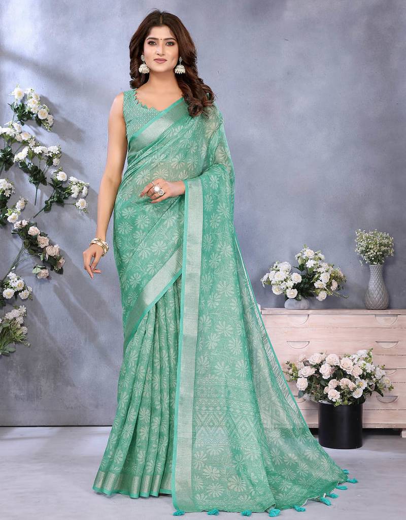 Elegant printed ready to wear linen shimmer saree with designer blouse