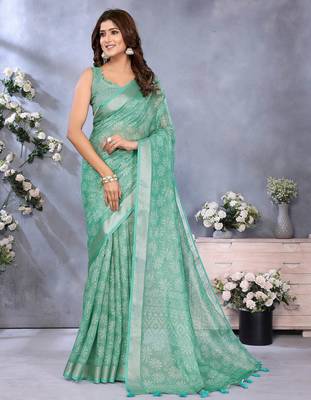 Elegant printed ready to wear linen shimmer saree with designer blouse 3