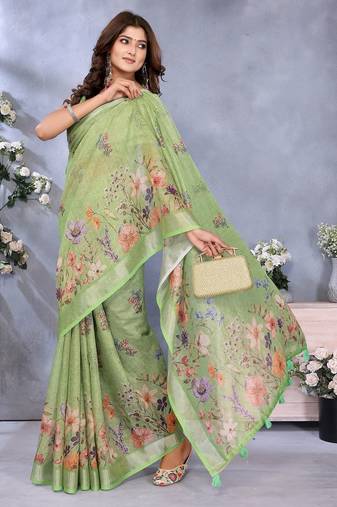 green colour Elegant printed ready to wear linen shimmer saree with designer blouse
