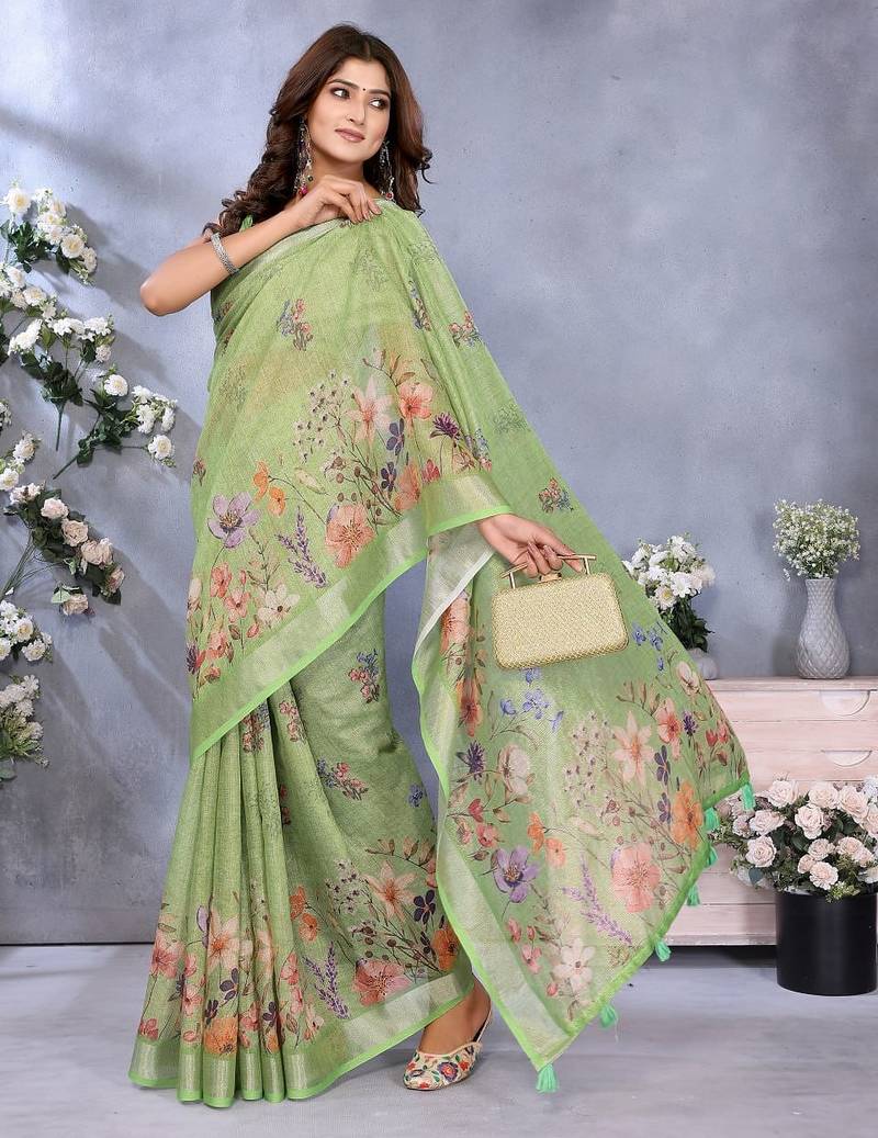 green colour Elegant printed ready to wear linen shimmer saree with designer blouse