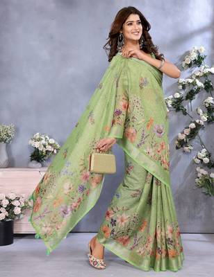 green colour Elegant printed ready to wear linen shimmer saree with designer blouse 2