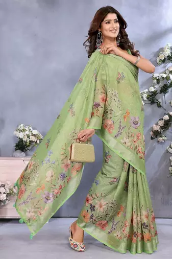 green colour Elegant printed ready to wear linen shimmer saree with designer blouse
