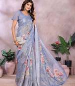 sky blue colour Elegant printed ready to wear linen shimmer saree with designer blouse
