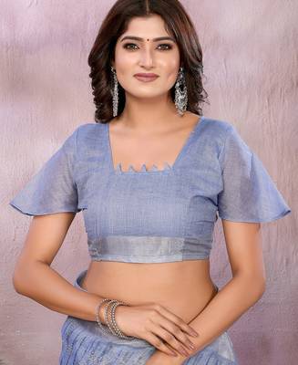 sky blue colour Elegant printed ready to wear linen shimmer saree with designer blouse 2