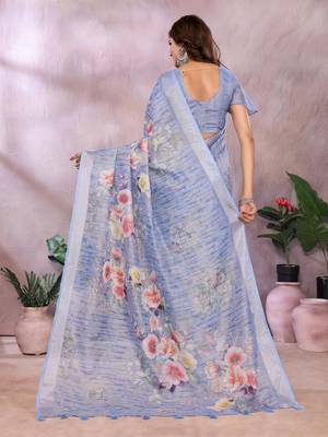 sky blue colour Elegant printed ready to wear linen shimmer saree with designer blouse 3