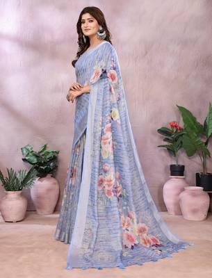 sky blue colour Elegant printed ready to wear linen shimmer saree with designer blouse 4