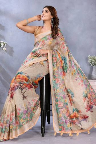 beige colour Elegant printed ready to wear linen shimmer saree with designer blouse