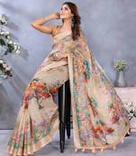 beige colour Elegant printed ready to wear linen shimmer saree with designer blouse