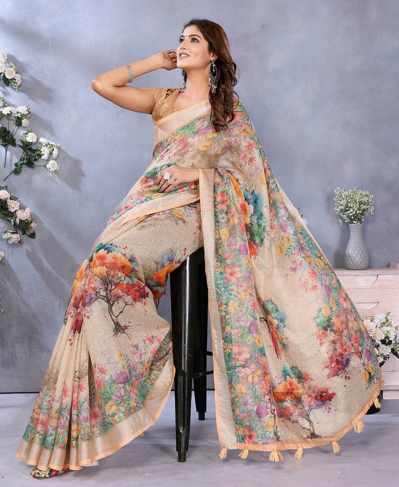 beige colour Elegant printed ready to wear linen shimmer saree with designer blouse